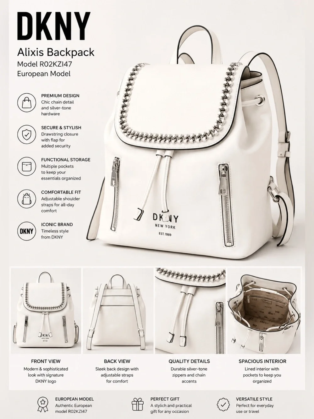 DKNY Alixis Backpack in white Hard to find European model Excellent inside